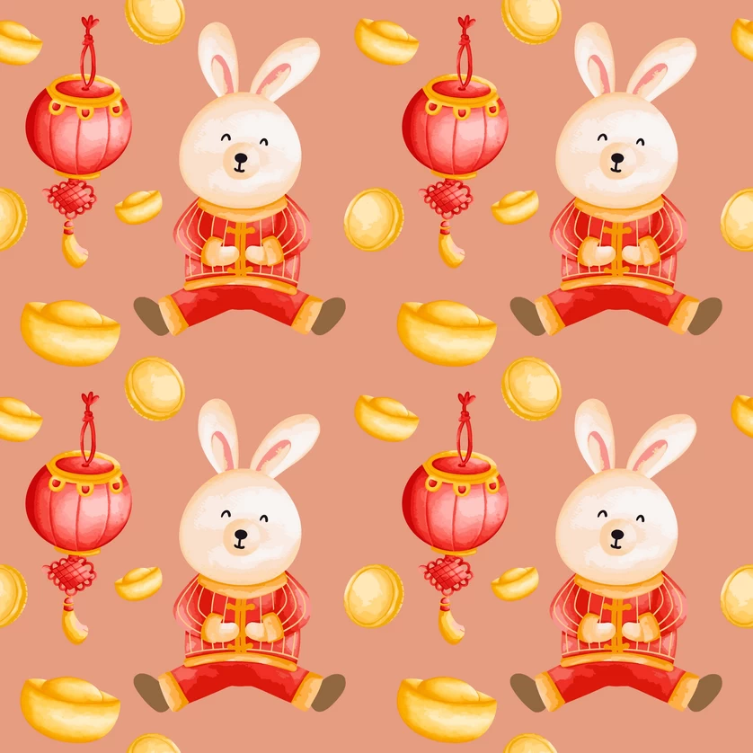 兔年红色喜庆新年春节元素印花效果无缝背景底纹AI矢量设计素材【002】